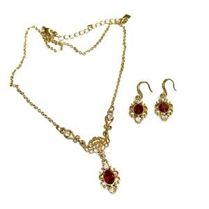Downton Abbey Collection Gold Necklace with Red Accents and Matching Earrings